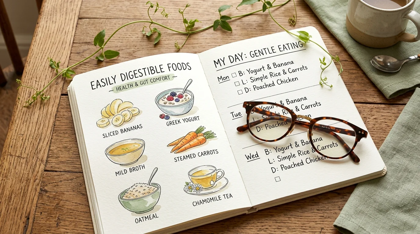 A watercolor illustration of an open nutrition planner with glasses, symbolizing personalized and safe senior diet choices.