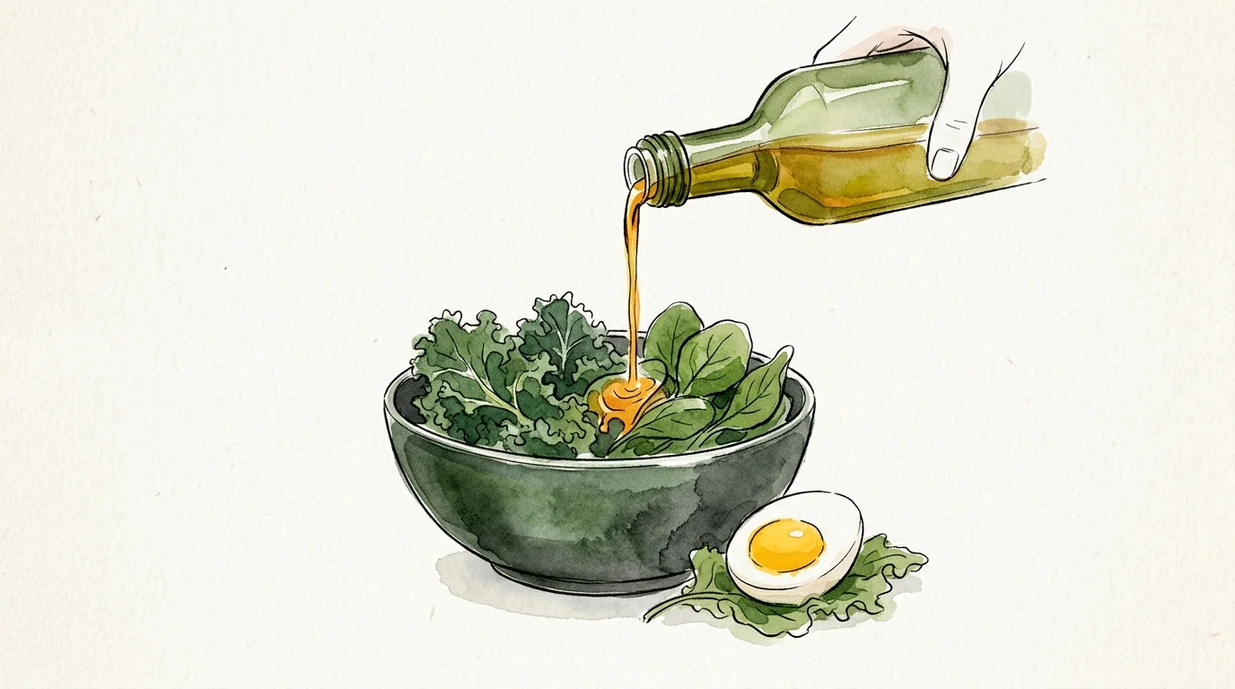 A watercolor illustration of olive oil being drizzled onto a bowl of dark leafy greens next to an egg, representing absorption.