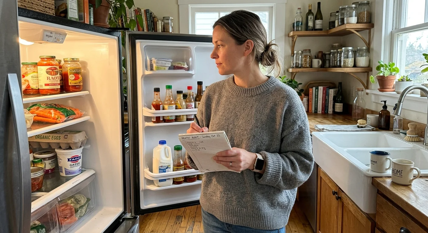 A woman in a grey sweater stands before an open refrigerator, taking notes on a pad for a Sunday morning kitchen audit.