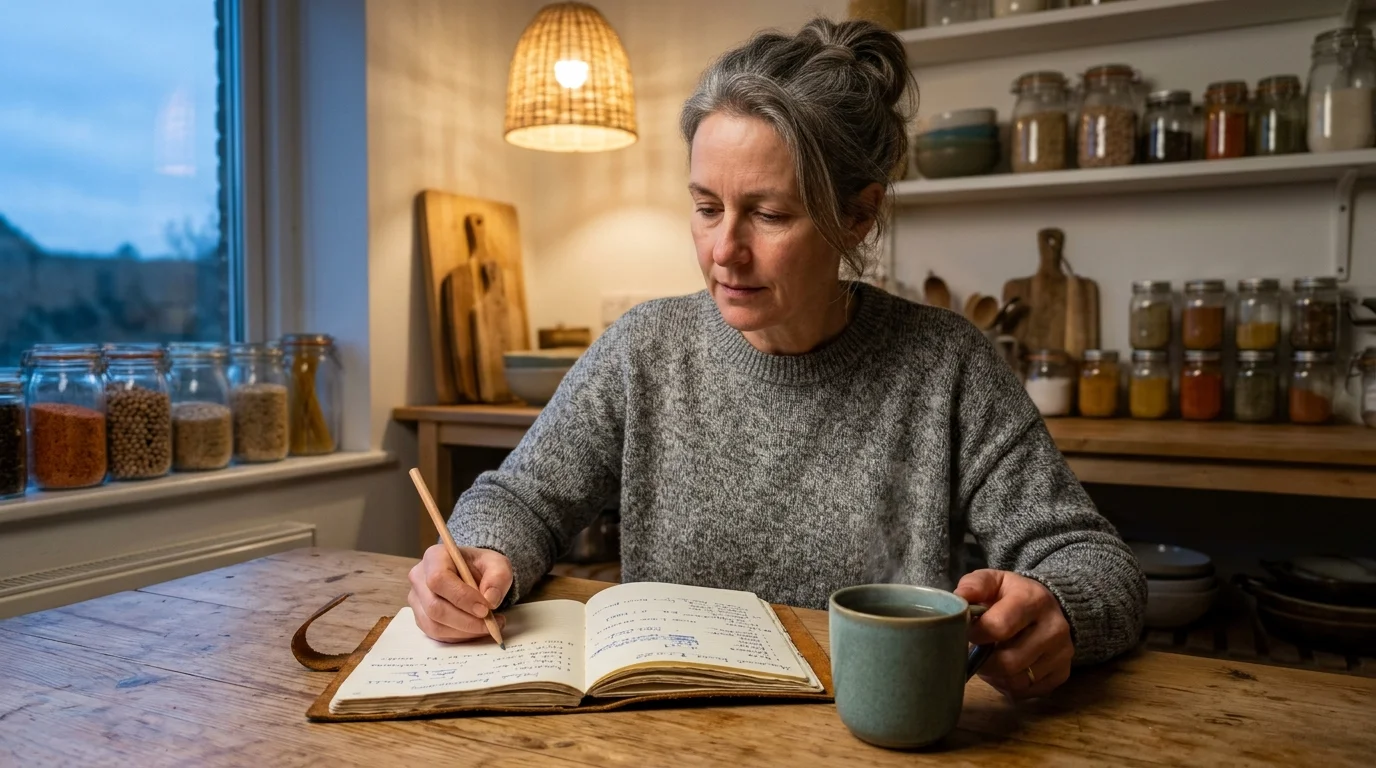 A woman in her fifties thoughtfully writing in a meal-planning journal at her kitchen table at dusk.