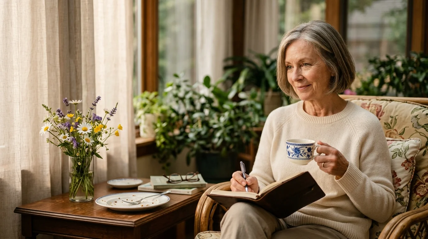 An older woman sitting in an armchair, holding a teacup and writing in a journal beside a table with flowers.