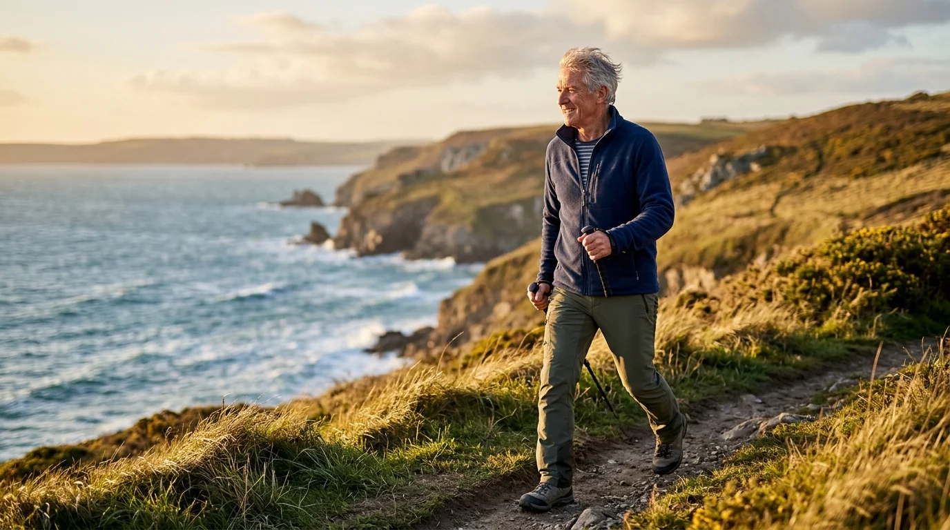 An active senior man walking along a beautiful coastal path at sunset, symbolizing physical vitality and heart health.