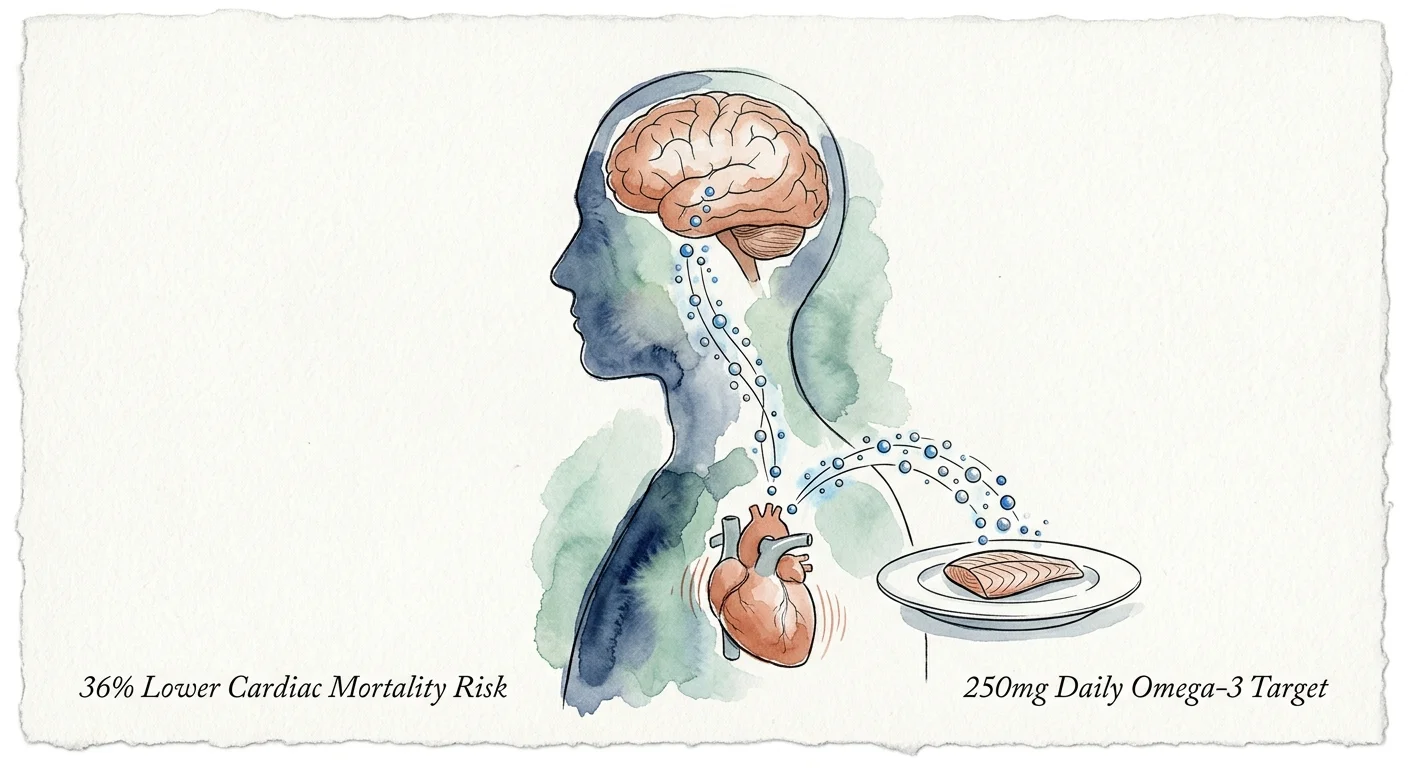 An artistic watercolor illustration linking a healthy fish meal to brain and heart health with exact percentage labels.