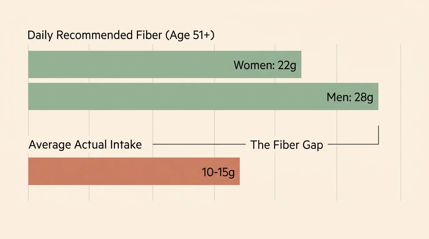 An editorial bar chart showing the daily fiber gap between the recommended 22-28g and the actual 10-15g average intake.