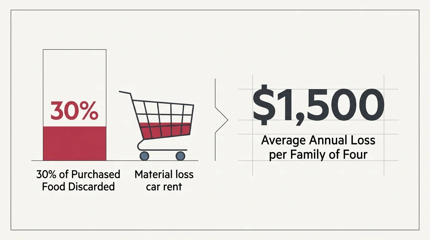 An editorial diagram showing that 30% of purchased food is discarded, costing the average family of four over $1,500 annually.