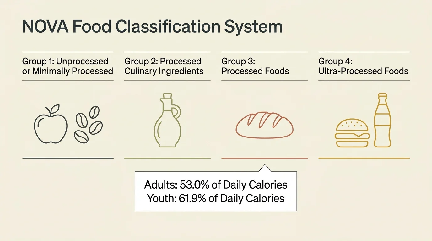 An editorial diagram showing the four groups of the NOVA food classification system with consumption percentages for adults and youth.