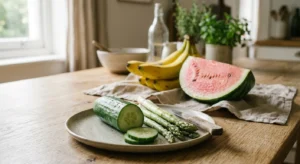 An editorial food photograph of natural, water-rich cucumber, asparagus, bananas, and watermelon on a rustic kitchen table.