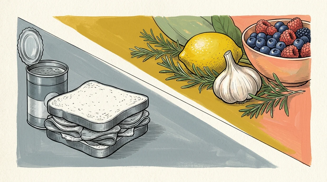 An editorial gouache illustration contrasting processed deli meats and canned soup with fresh, vibrant whole foods.