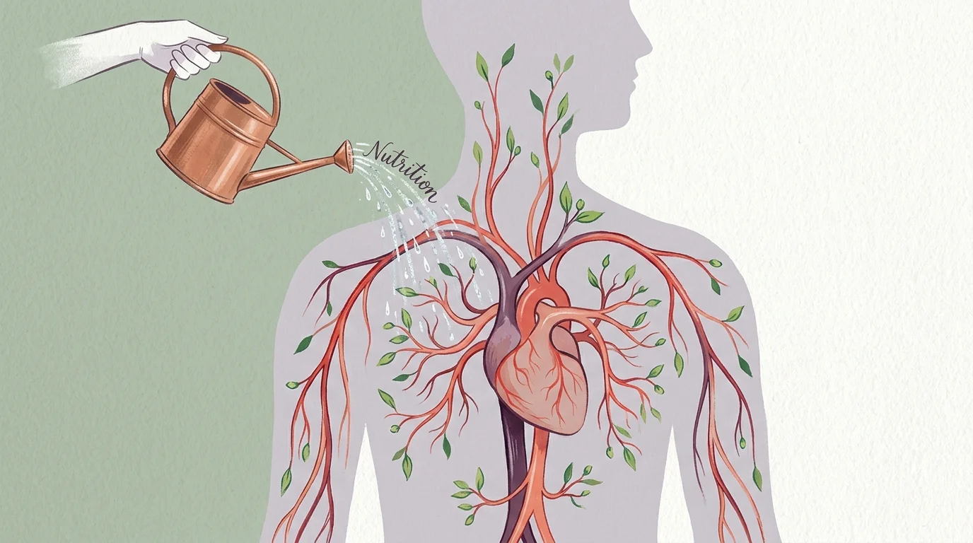 An editorial illustration of a human silhouette containing a branching vascular tree that is being nourished by a watering can labeled Nutri