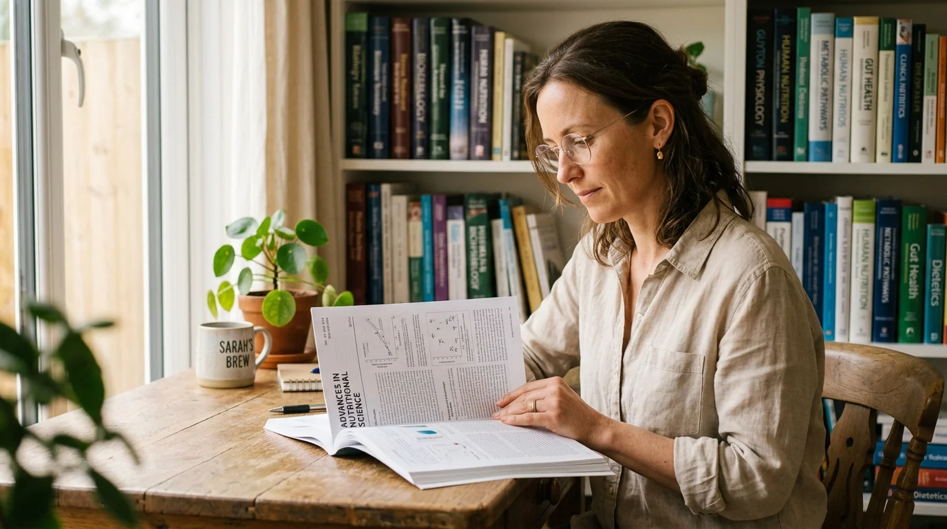 An editorial portrait of a professional nutritionist in a warm, book-filled home office studying a medical journal.