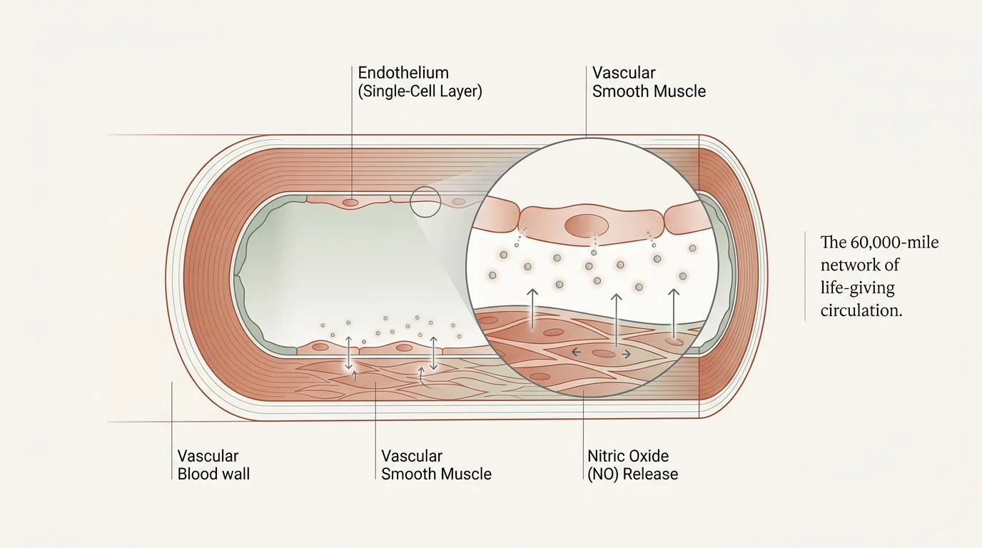 An elegant cross-section diagram of an artery showing the endothelial layer releasing nitric oxide molecules to relax smooth muscle.