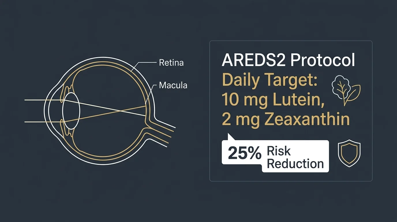 An eye anatomy diagram and data panel showing the AREDS2 protocol of 10 mg lutein and 2 mg zeaxanthin on a dark background.