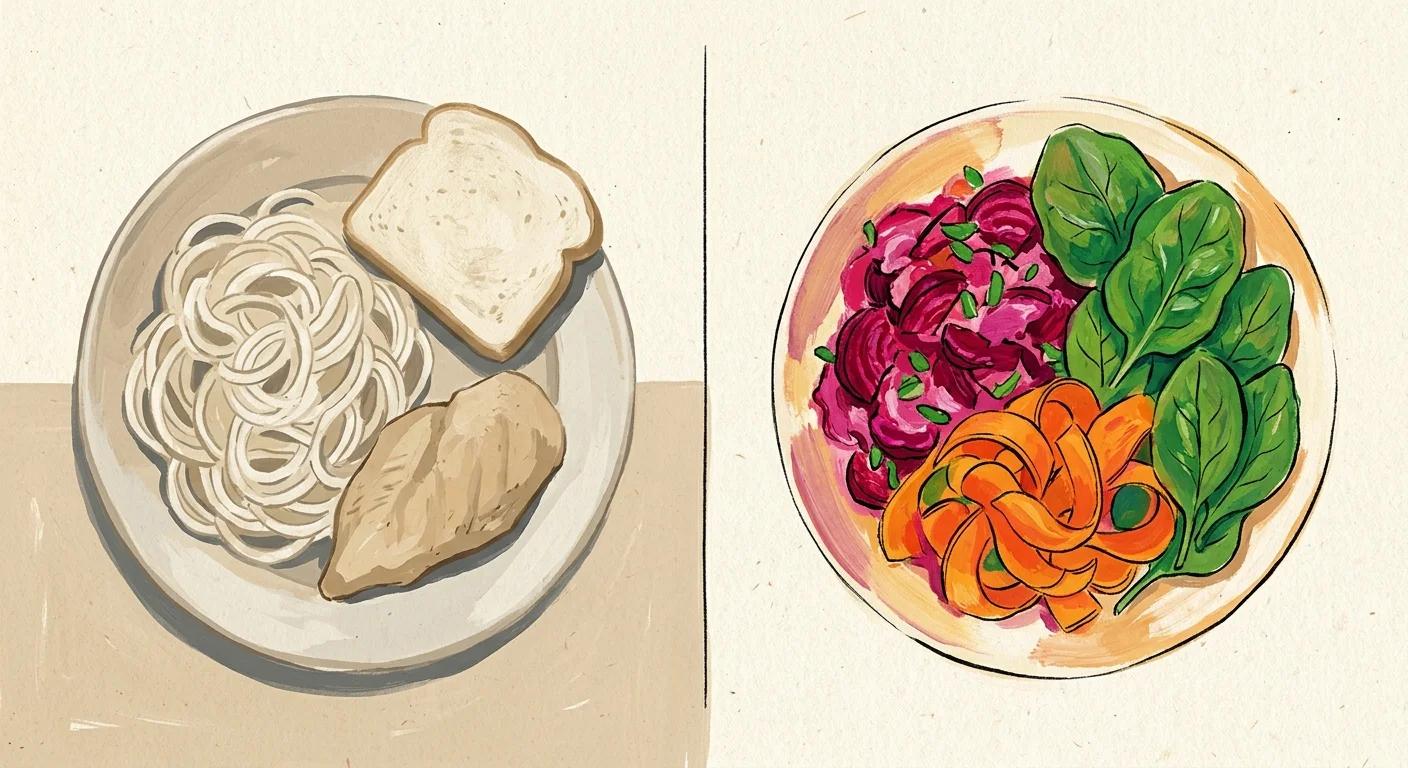 An illustration contrasting a bland, beige plate of pasta and chicken with a vibrant, colorful plate of beetroot, carrots, and spinach.