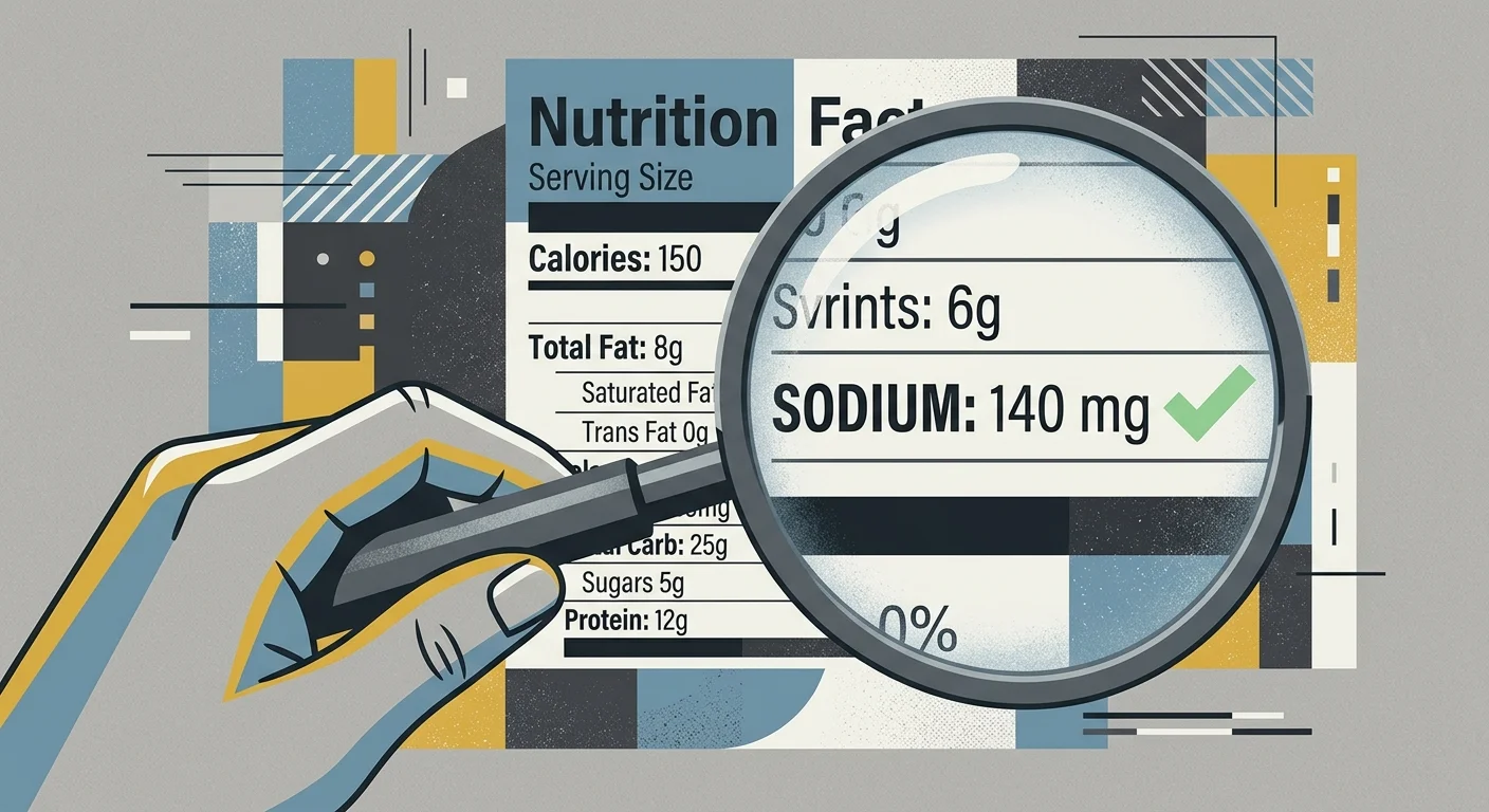 An illustration of a hand magnifying the 'Sodium 140 mg' line on a nutrition facts label.