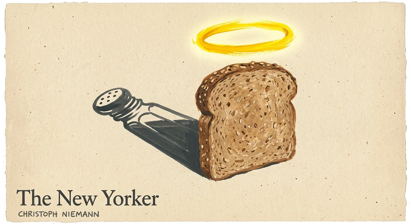 An illustration of a slice of bread with a golden halo casting a shadow shaped like a salt shaker.