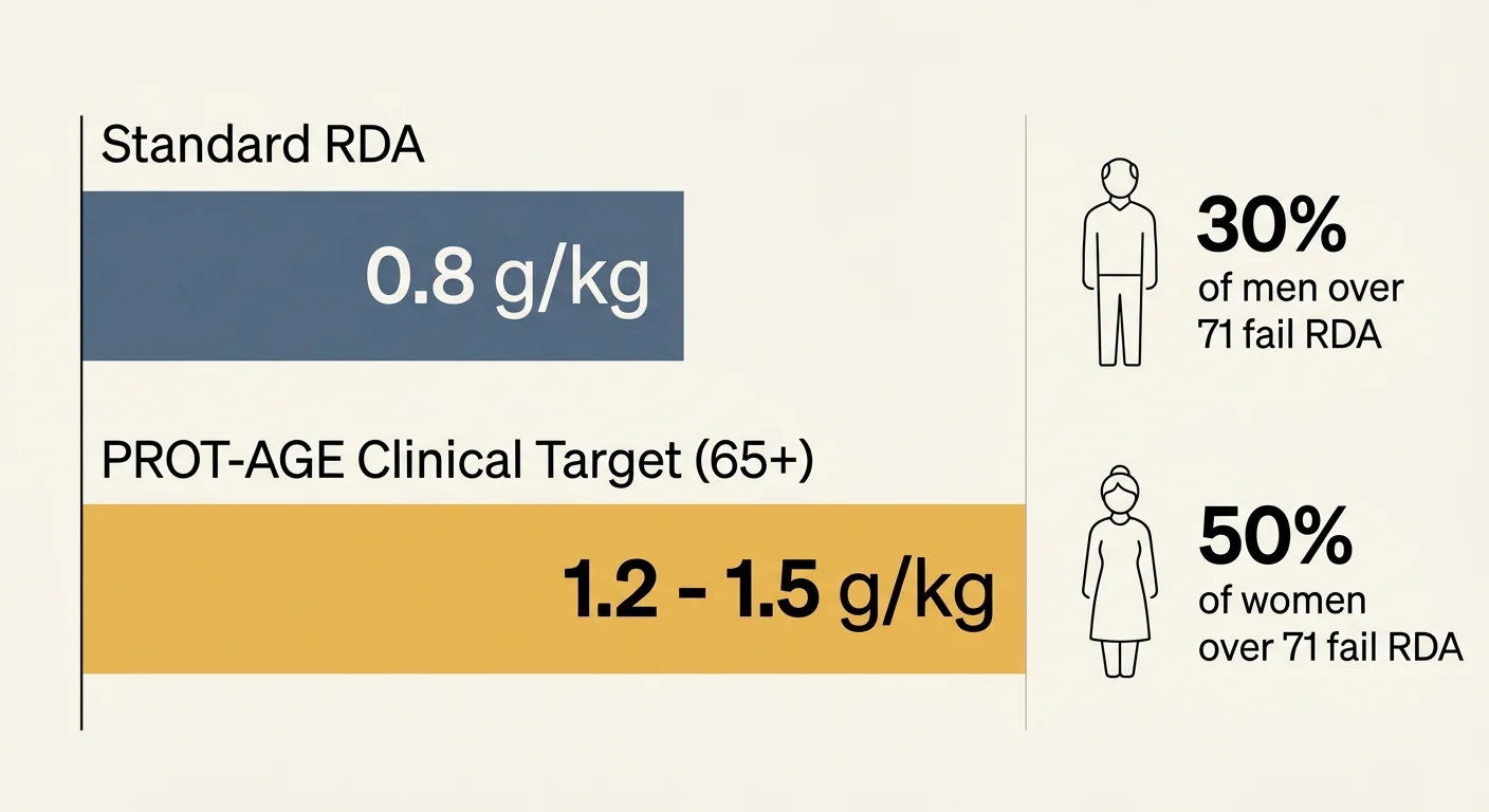 An infographic bar chart comparing the standard 0.8 g/kg RDA with the recommended 1.2 to 1.5 g/kg targets for older adults.