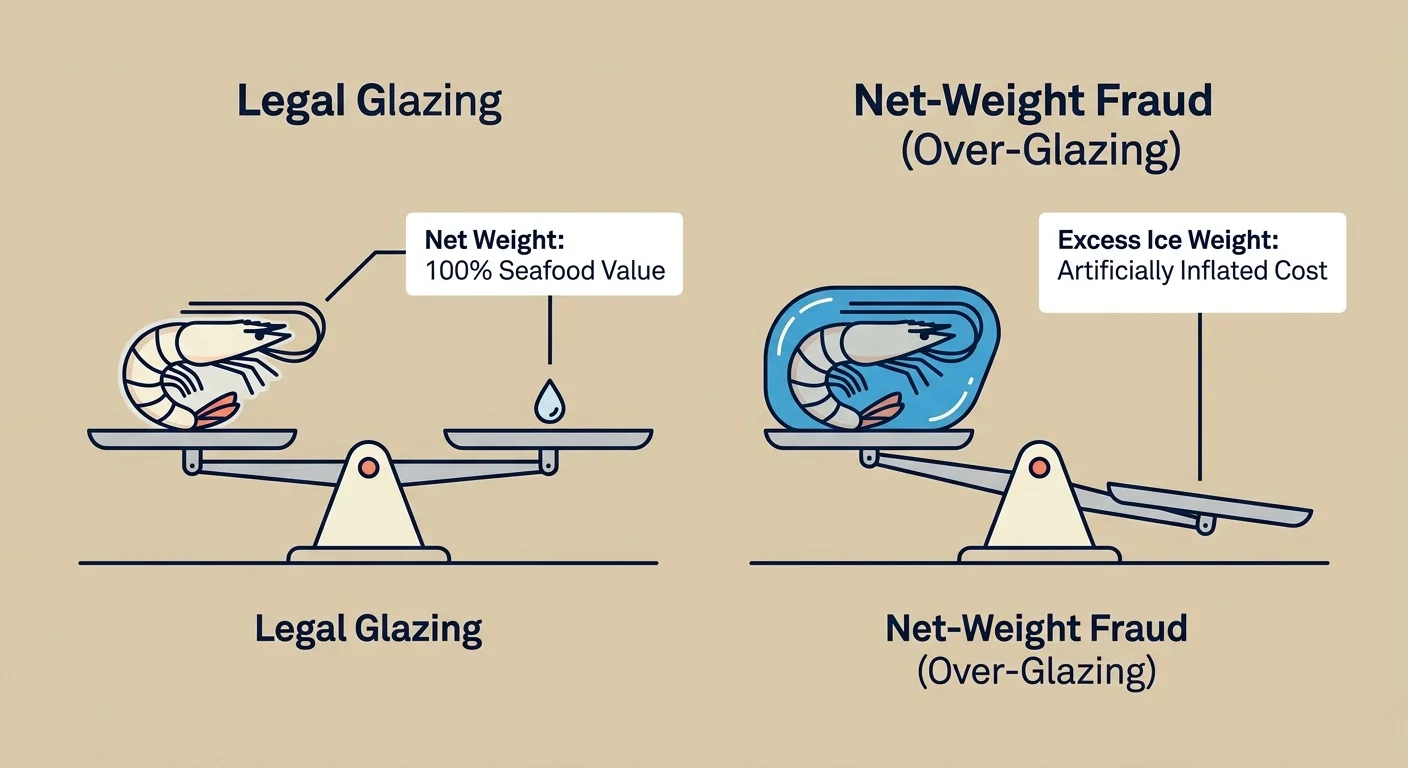 An infographic comparison of a legally glazed shrimp versus an over-glazed shrimp artificially inflating the package weight.