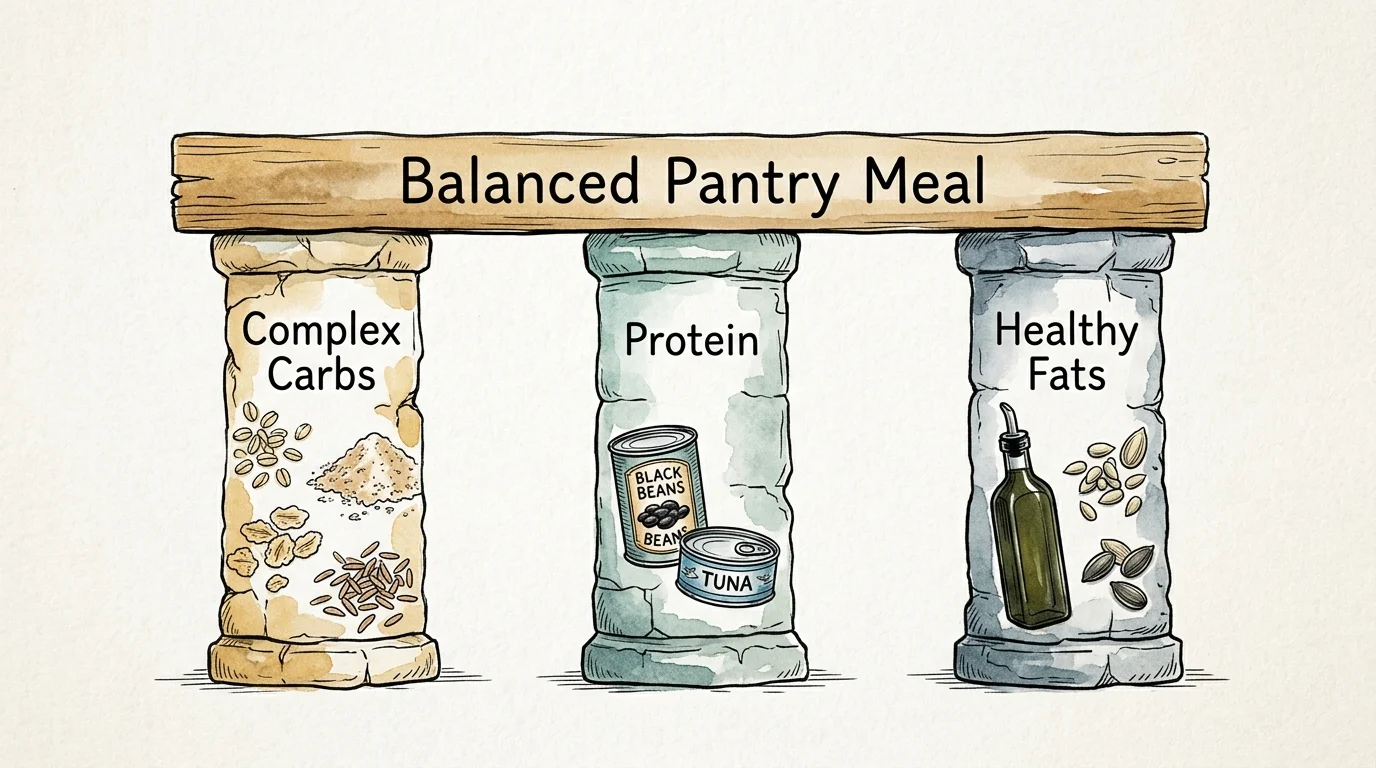 An ink and watercolor diagram of three pillars representing complex carbs, protein, and healthy fats supporting a balanced pantry meal.