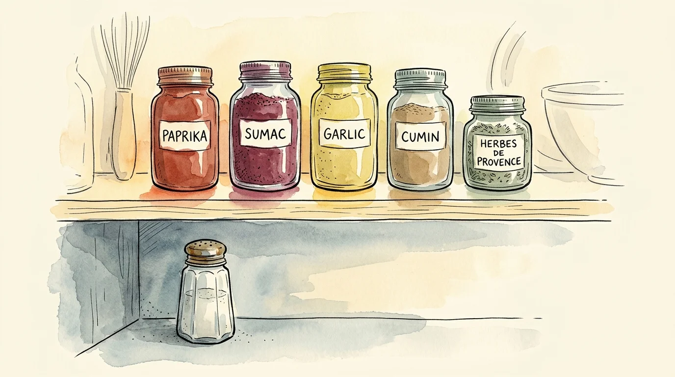 An ink and watercolor drawing of glass spice jars standing proudly on a top shelf while a salt shaker sits retired on the shelf below.