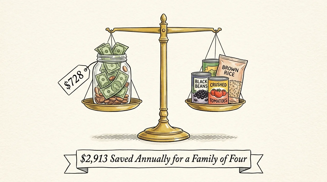 An ink and watercolor illustration of a balance scale weighing a jar of money labeled $728 against colorful canned pantry staples.