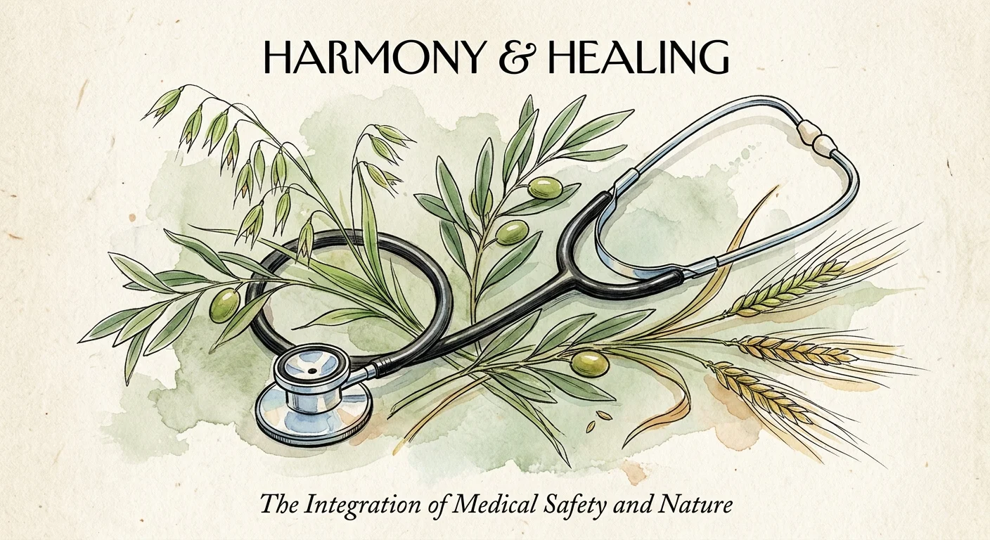 An ink and watercolor illustration of a stethoscope intertwined with green oat stalks and olive leaves on textured paper.