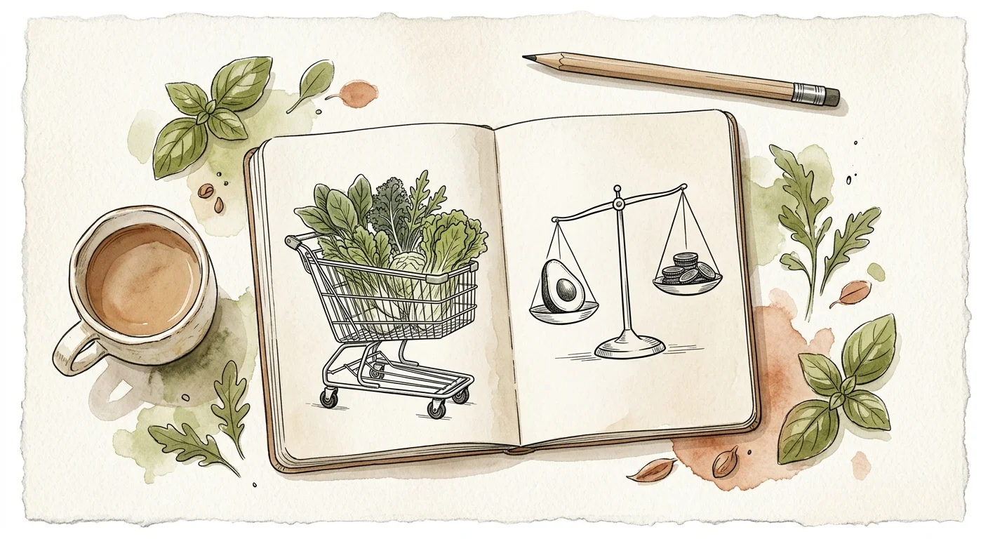 An ink and watercolor illustration of an open planner showing a grocery cart and a scale balancing an avocado with coins.