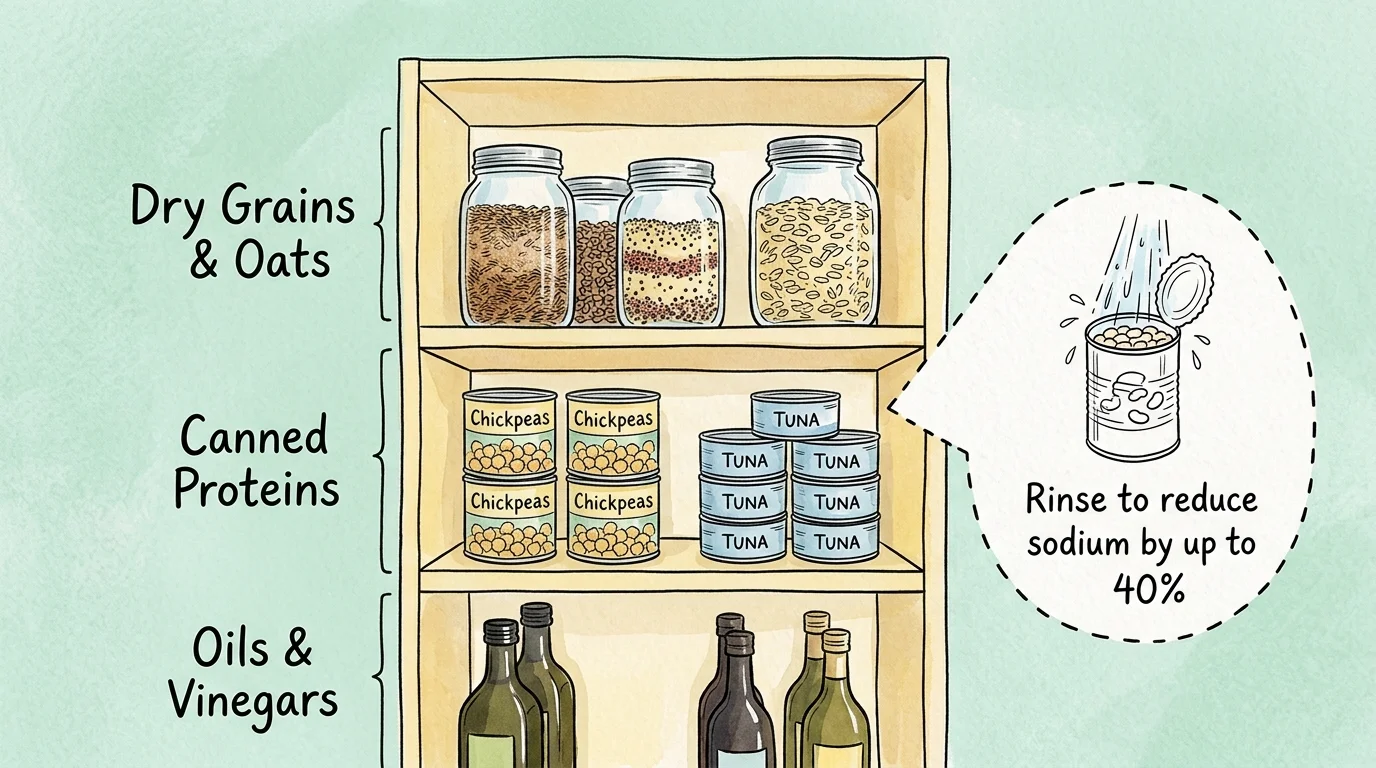 An ink and watercolor infographic showing organized pantry shelves and a tip to rinse canned beans to reduce sodium.