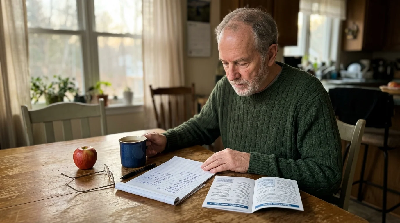 An older man carefully planning his personalized heart-healthy grocery list at his dining table.