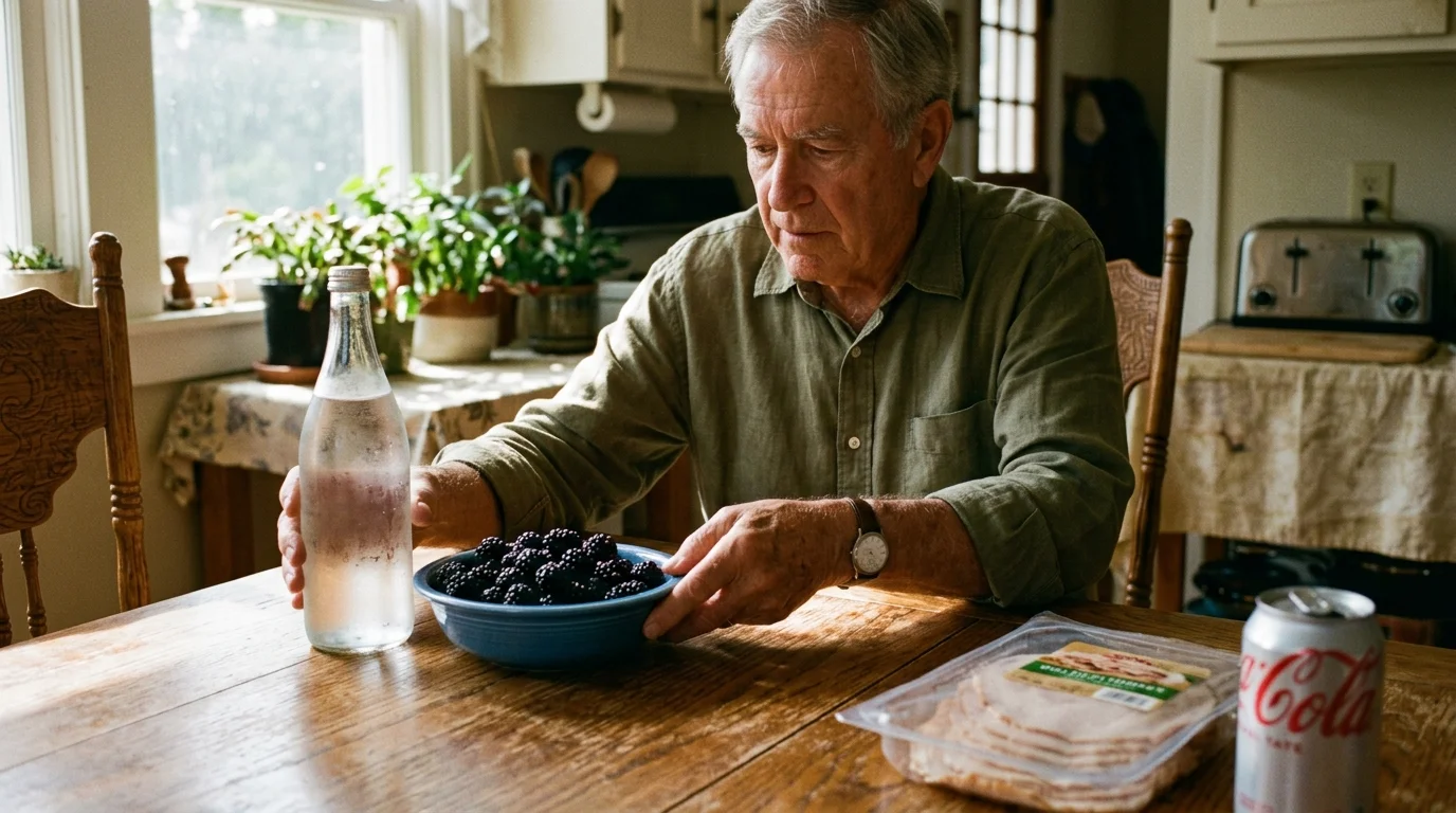 An older man's weathered hands placing fresh berries on a table, pushing processed foods out of focus.