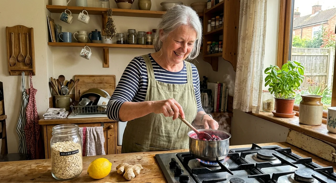An older woman with silver hair happily preparing warm, healthy food in her sunlit home kitchen.