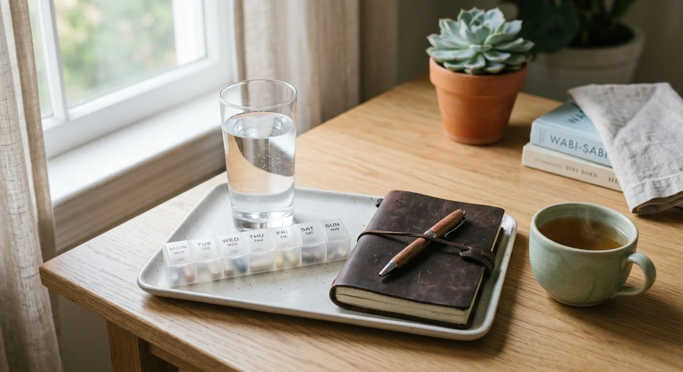 An organized wooden tray holding a glass of water, a pill planner, and a journal on a table in soft afternoon light.