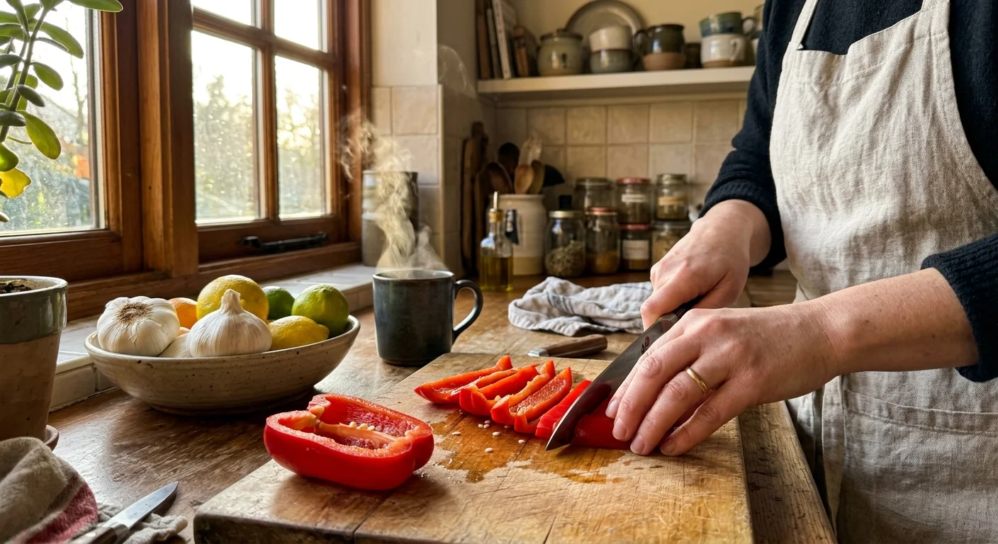 An overhead shot of hands prepping fresh red bell peppers on a wooden cutting board in a sunlit, cozy home kitchen.