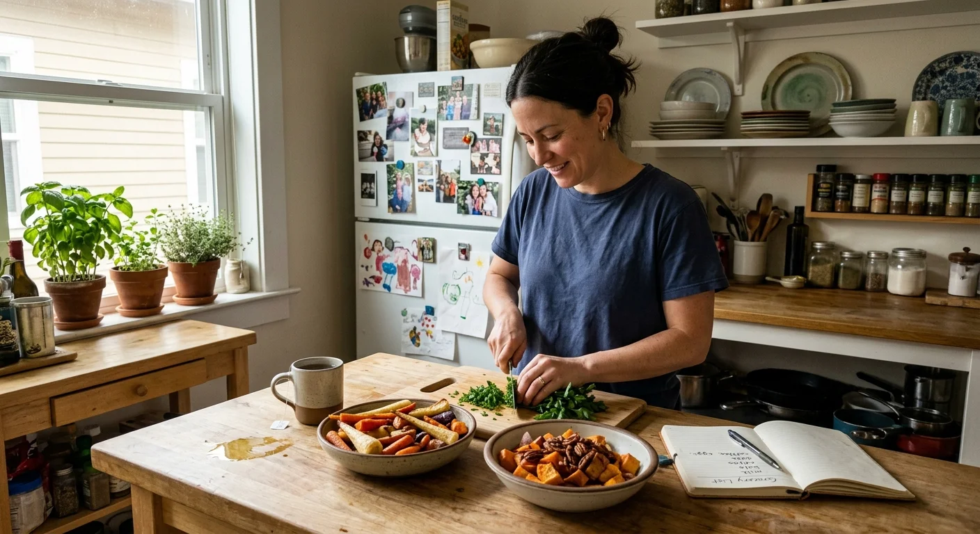 Candid photo of a person preparing a healthy meal with fresh herbs and roasted vegetables in a sunlit, authentic home kitchen.