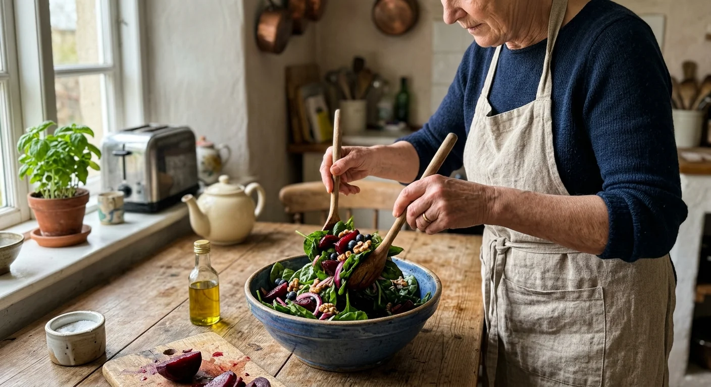 Candid shot of an older adult in a cozy home kitchen tossing a fresh salad of spinach, beets, and blueberries in a ceramic bowl.