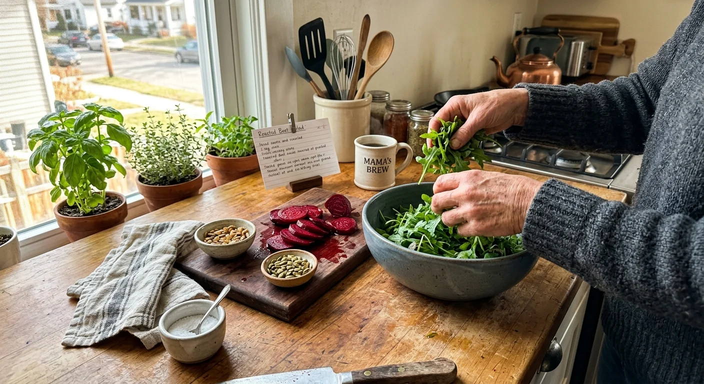 Close-up of a home cook's hands preparing a meal with fresh arugula and sliced roasted beets in a warm, sunlit kitchen.