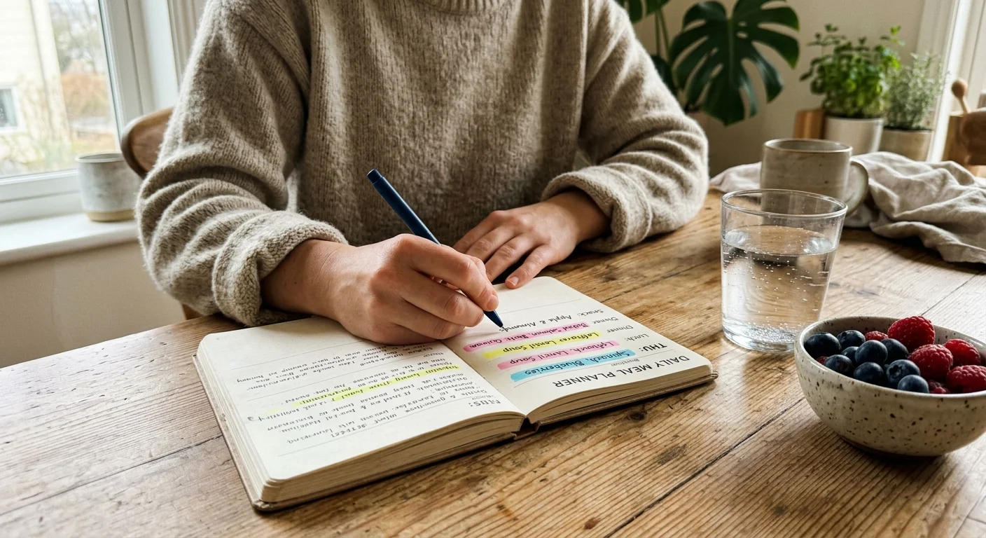Close-up of a person's hands writing in a meal planner on a wooden table next to a bowl of fresh berries.