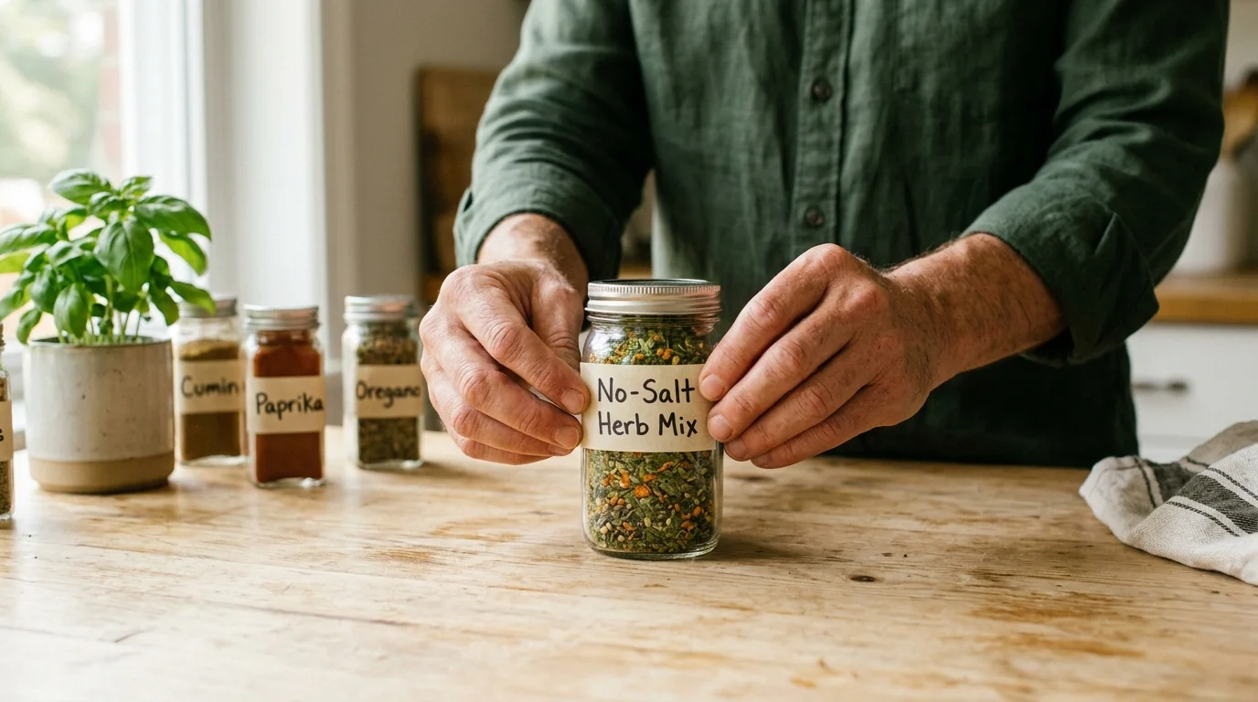 Close-up of hands applying a paper label reading 'No-Salt Herb Mix' to a small glass jar on a wooden table.