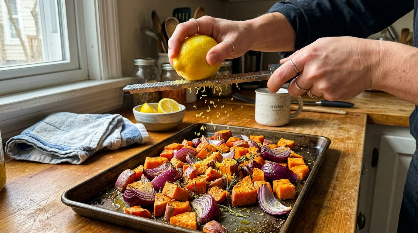 Close-up of hands grating lemon zest over a tray of roasted sweet potatoes and red onions on a cozy kitchen counter.
