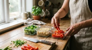 Close-up of hands organizing colorful sliced peppers, broccoli, and quinoa into glass meal prep containers on a wooden cutting board.