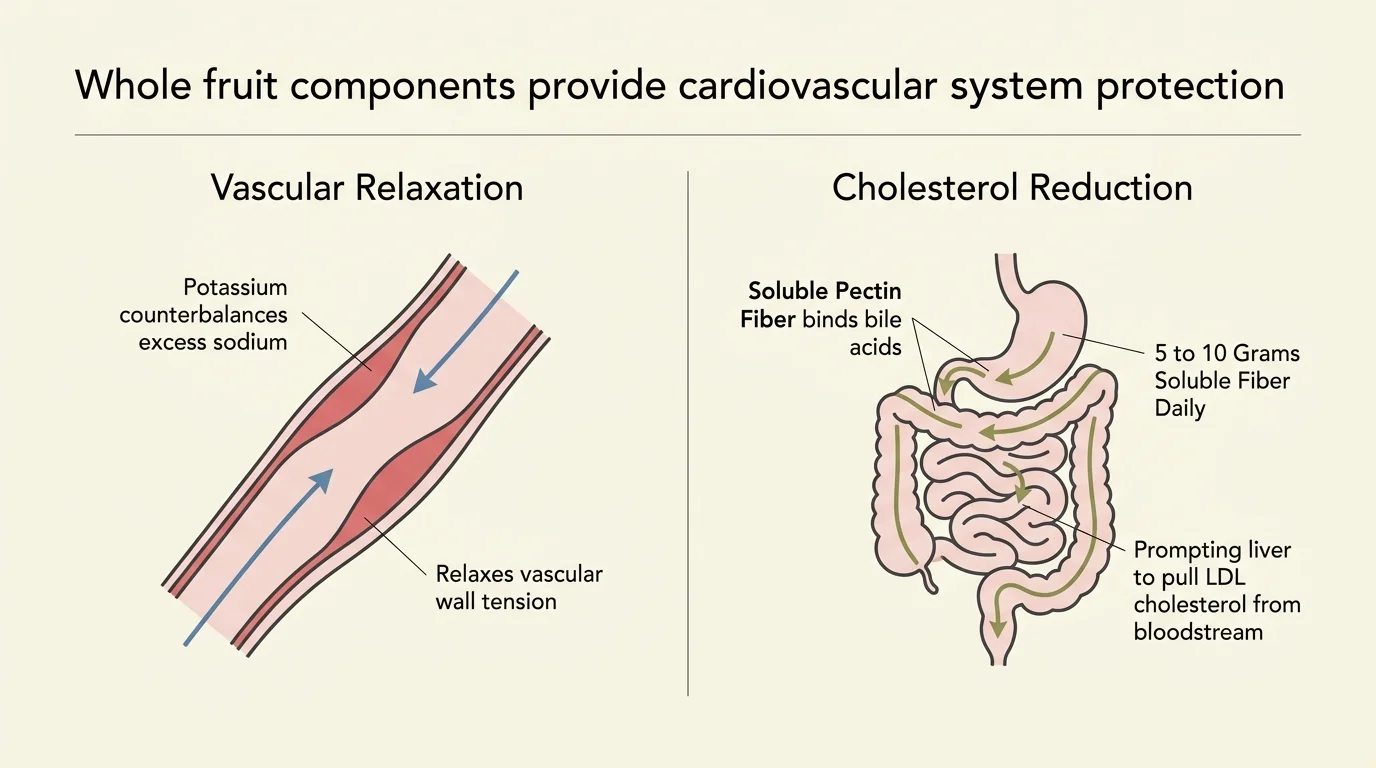 Diagram showing vascular relaxation in a blood vessel alongside cholesterol reduction in the digestive tract.