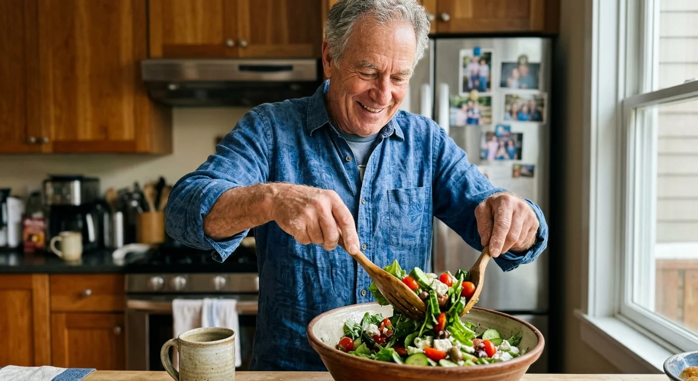 Documentary photo of an older man with active, healthy hands happily preparing a fresh vegetable salad in his bright, cozy kitchen.