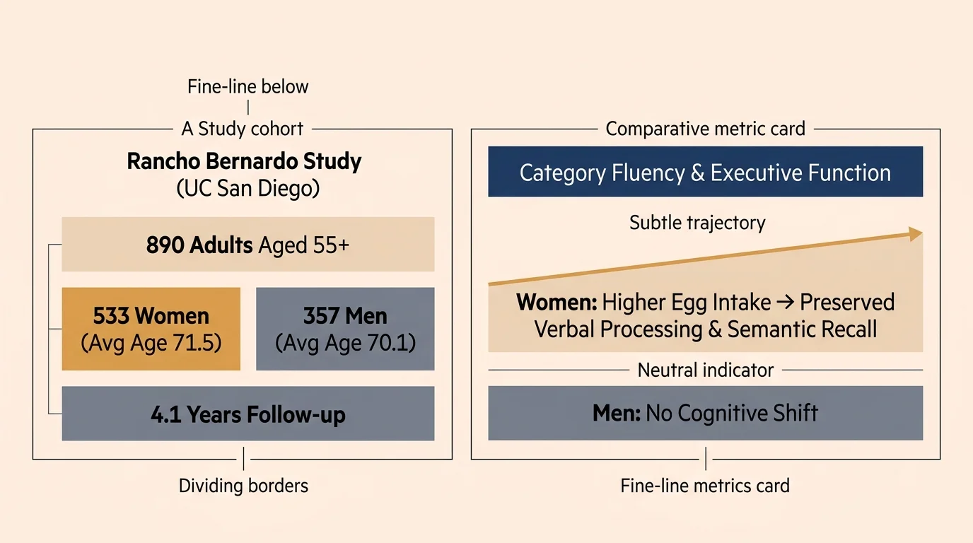 Diagram outlining the Rancho Bernardo Study cohort of 890 adults and cognitive metrics comparing women and men.