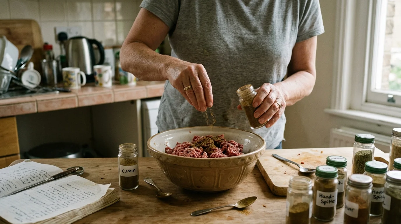 A person sprinkles ground spices from a glass jar into a bowl of raw ground meat on a wooden kitchen table.