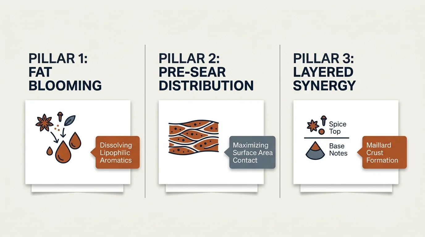 Diagram outlining three seasoning pillars: fat blooming, pre-sear distribution, and layered synergy with culinary icons.