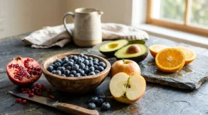 A wooden bowl of blueberries surrounded by sliced pomegranate, apples, avocado halves, and oranges on a dark table.