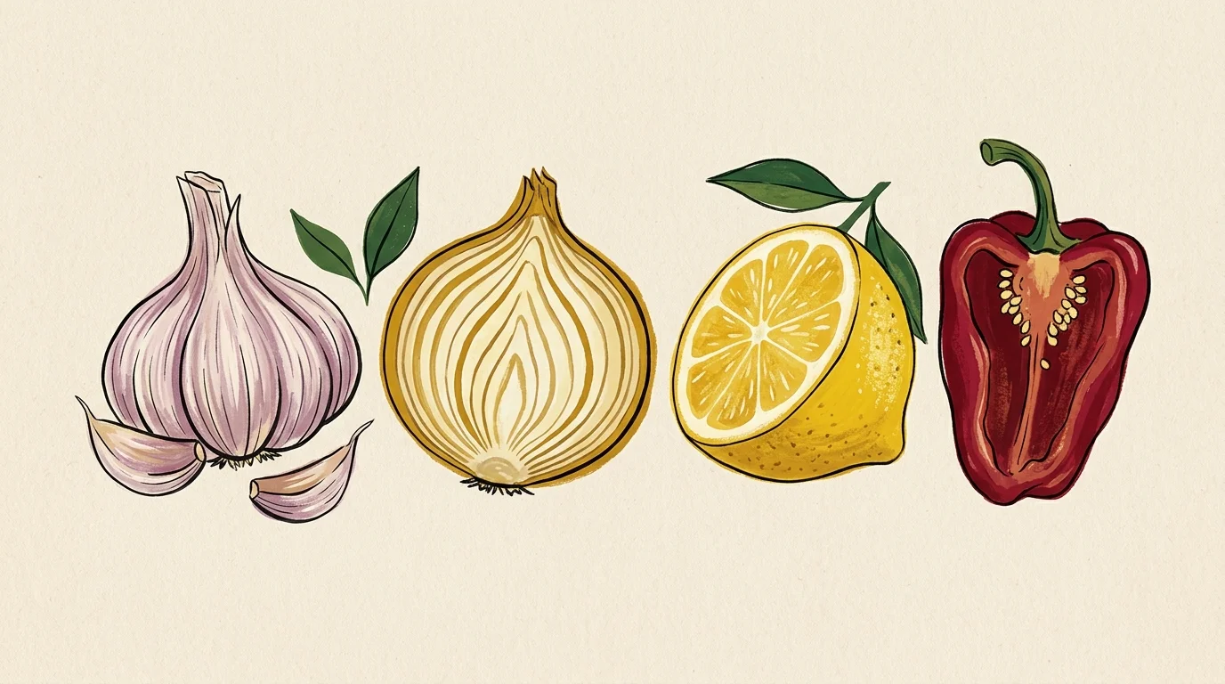 Gouache and ink illustration of a garlic bulb, sliced onion, halved lemon, and a red capsicum pepper on textured paper.