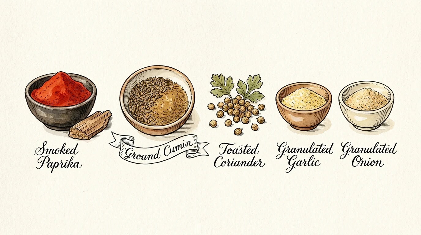 Illustration of five seasonings: smoked paprika, ground cumin, toasted coriander, granulated garlic, and granulated onion.