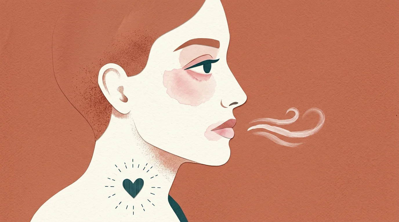 Gouache illustration of a human profile showing pale eyelids and a radiating heart symbol to represent low iron symptoms.