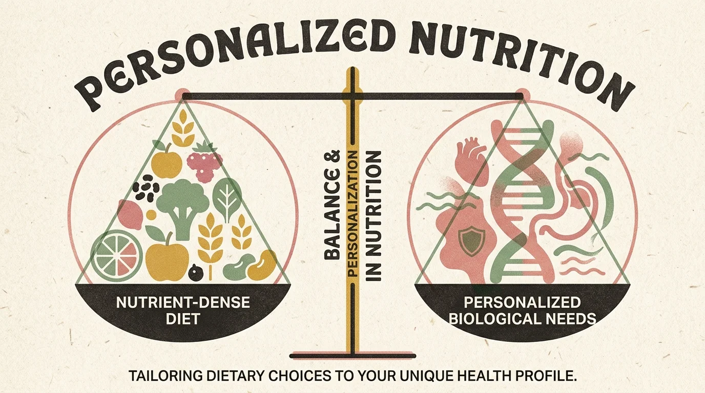 Graphic risograph illustration of a balance scale weighing stylized food shapes against abstract organic forms, representing personalized nu
