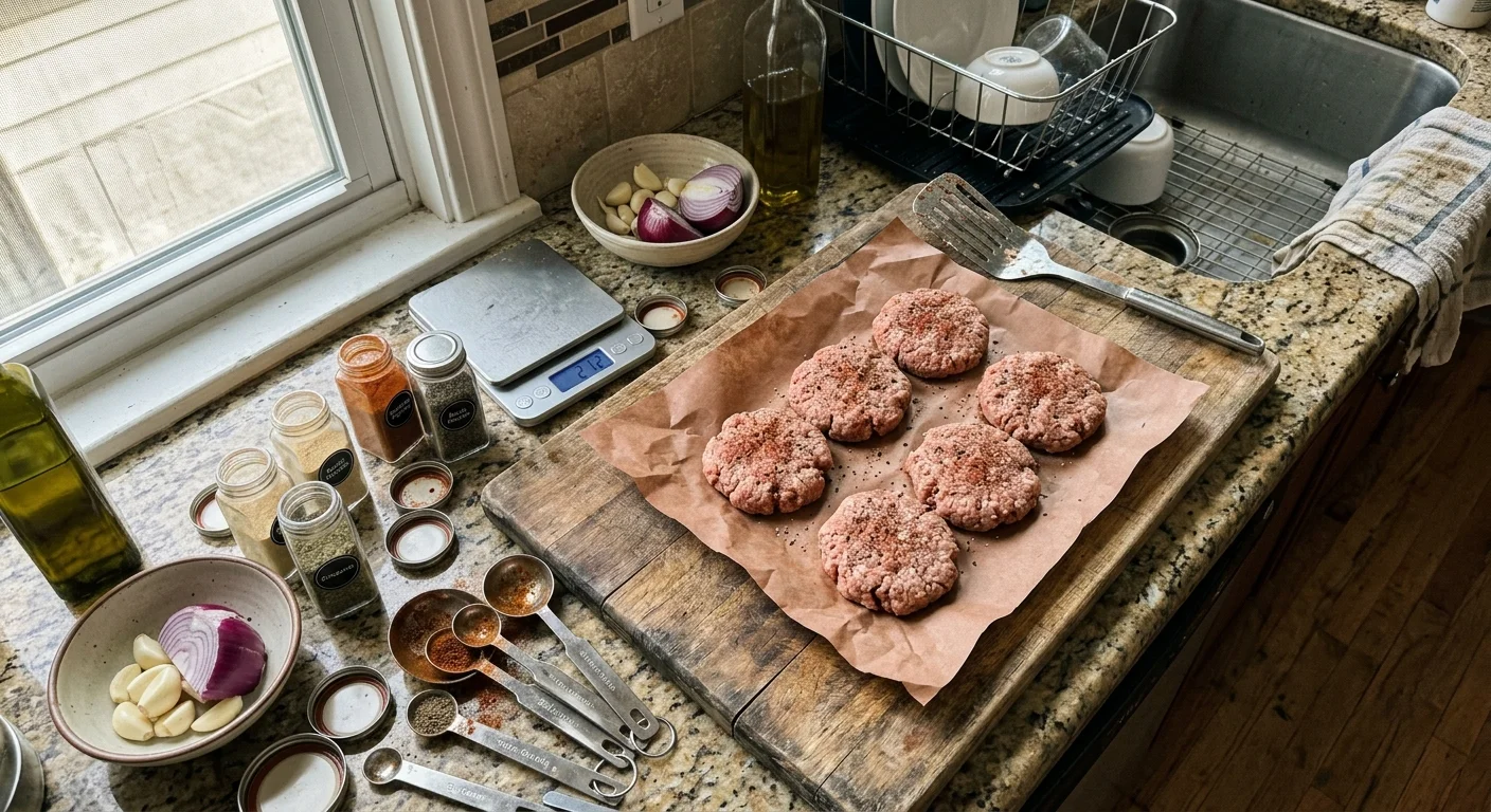 Raw seasoned burger patties on parchment paper on a kitchen counter with spices, measuring spoons, garlic, and red onion.
